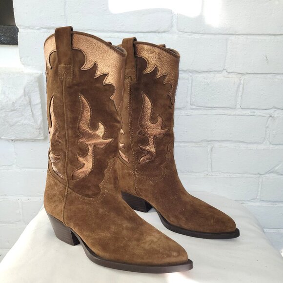 Alpe Shoes - Alpe Western Brown Suede and Metallic Bronze Cowboy/Cowgirl Boots Size 37